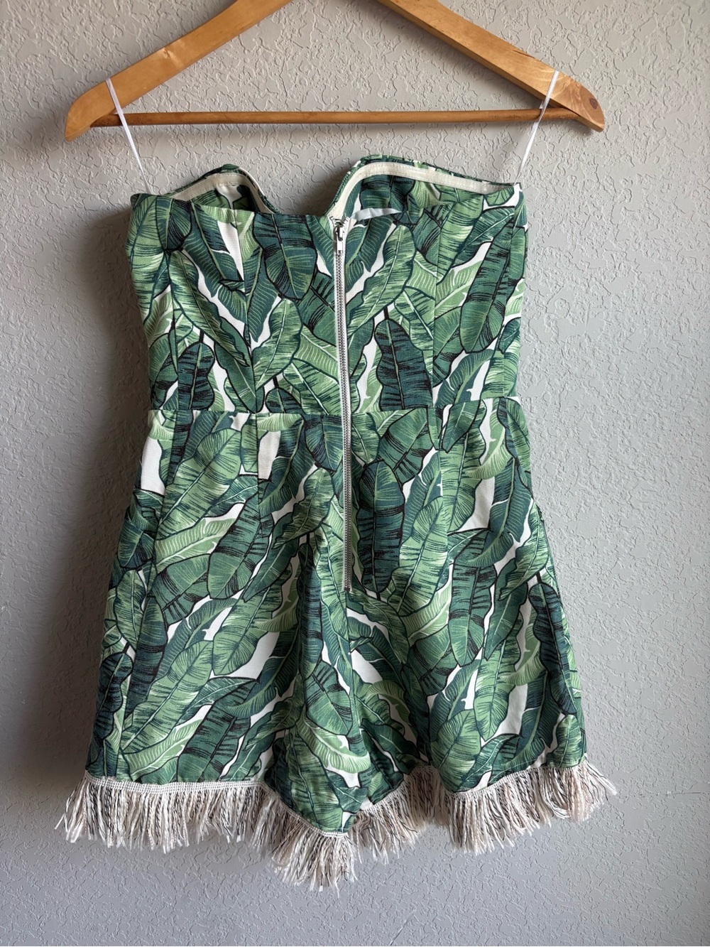 H&M Green Leaf Print Strapless Romper with Fringe - Picture 4 of 6